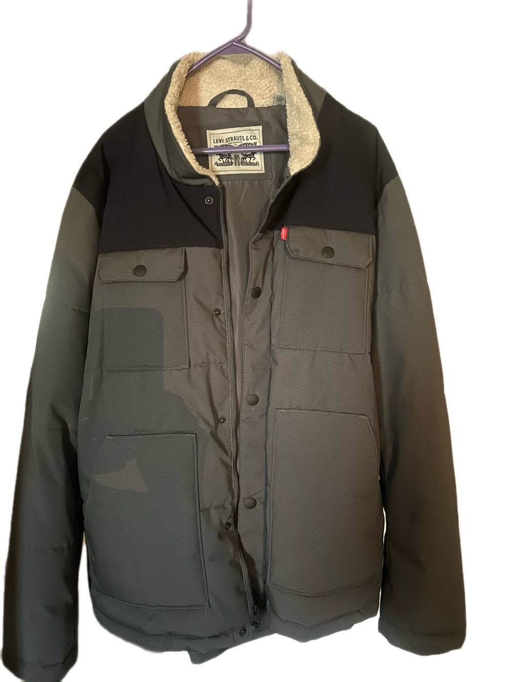 Levi's Olive Green Puffer Jacket with Black Shoulder Yoke